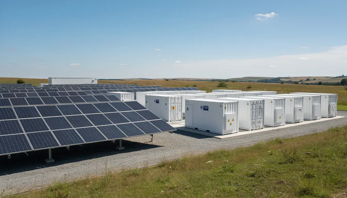 The image shows large battery energy storage systems installed next to solar panels in an open field